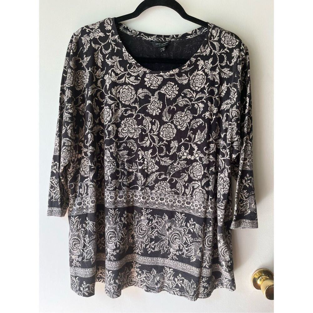 Lucky Brand Black & Beige Floral Top Size 2X